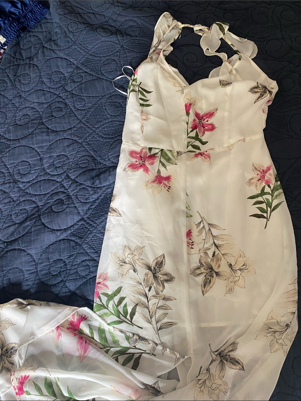 Dynamite White Floral High-Low Dress with Pink & Green Accents
